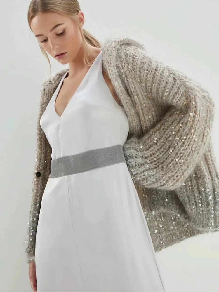 Fall Winter Knitted Sweater Coat Loose Hooded Sequined Cardigan Jacket Women Winter Warmer Sweaters