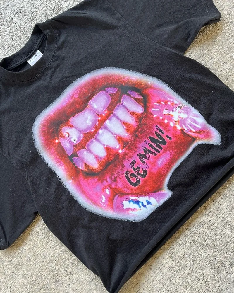 Trendy Gothic Big Mouth Graphic Printed Oversized T-shirt Women's 2024 New Summer Round Neck Loose Harajuku All-match Shirt Top