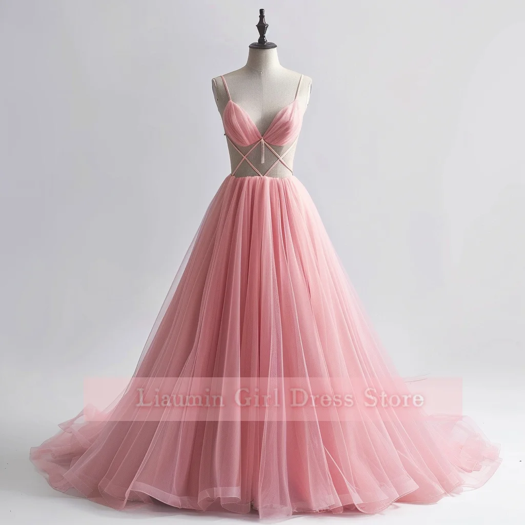 New Custom Pink Tulle Spaghetti Straps Full Length Lace Up Back Formal Prom Evening Dress Brithday Homecoming Clothing  W9-2