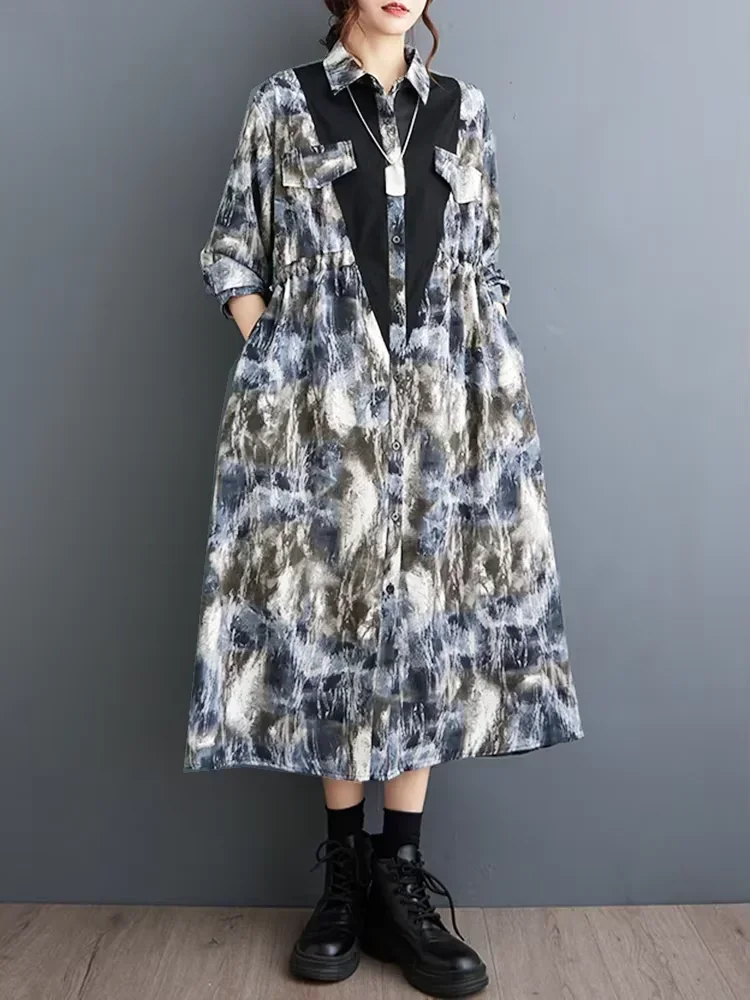 XITAO-vestido camisero holgado con estampado de retazos para mujer, vestido informal con cordón de un solo pecho, novedad de otoño, vestido sencillo con temperamento DMJ4175