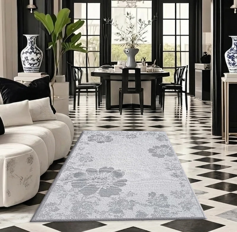 Simple Gray Floral Pattern Frame Carpet Floor Decoration Faded Vintage Floral Border Print Square Carpet Suitable for Bedroom Home Decor