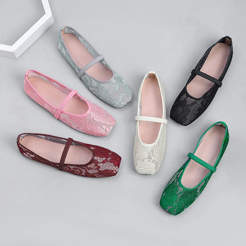 

2026 женские разноцветные кружевные туфли Мэри Джейн на плоской подошве с квадратным носком и одним ремешком, удобная повседневная повседневная обувь Q-576