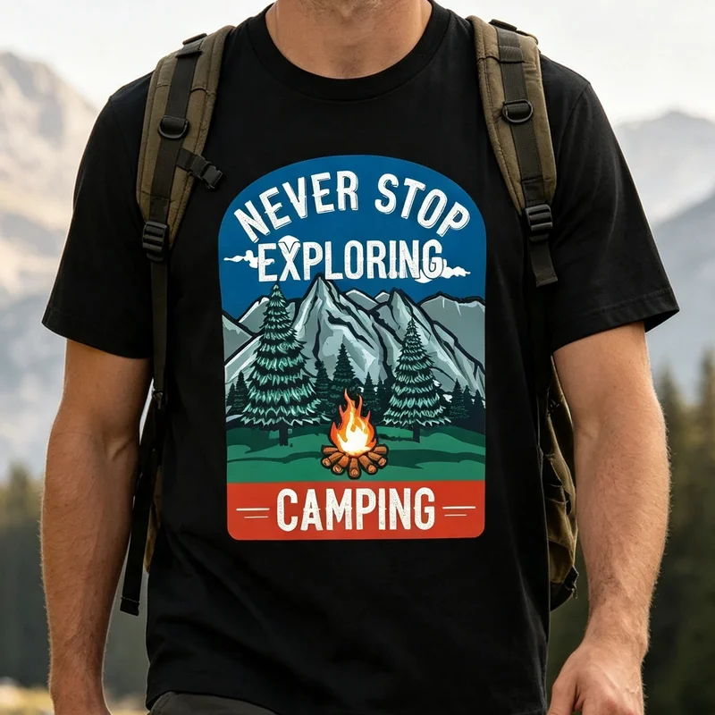 Never Stop Exploring Mountain Camping Sunset Nature Hiking Adventure T Shirt Graphic Tee Casual Streetwear for Men Women Cotton