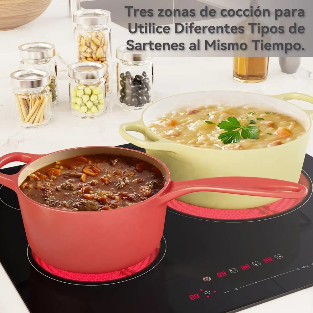 Magicplux Placa Vitrocer Policia 3 Fuegos، 59 سم فيتروسيراميلا دوبل منطقة، 16 نيفليس دي بوتينسيا، يتحكم في Táctiles، Temporizador،