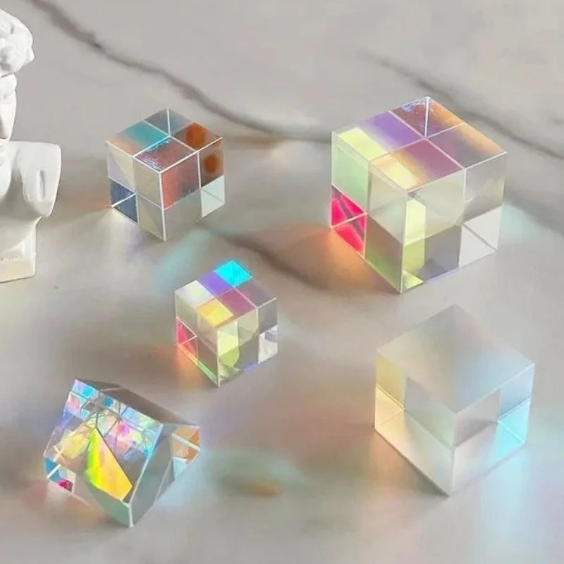 Prism Rainbow Glass Cube Dichroic Prism 20mm X-Cube Beam Desktop Figurine Splitting Optical Instrument Micro Home Light Toy Gift