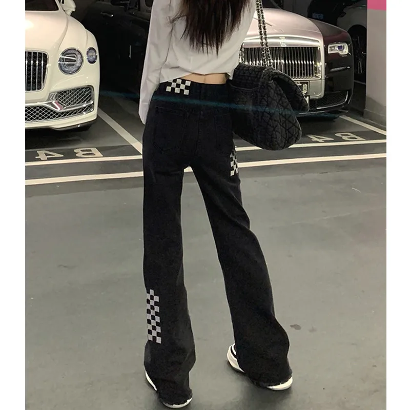 High Waist Wide Leg Plaid Micro Flared Denim Jeans Women's Spring Autumn New Style Slimming Trousers for Pear Shaped Body