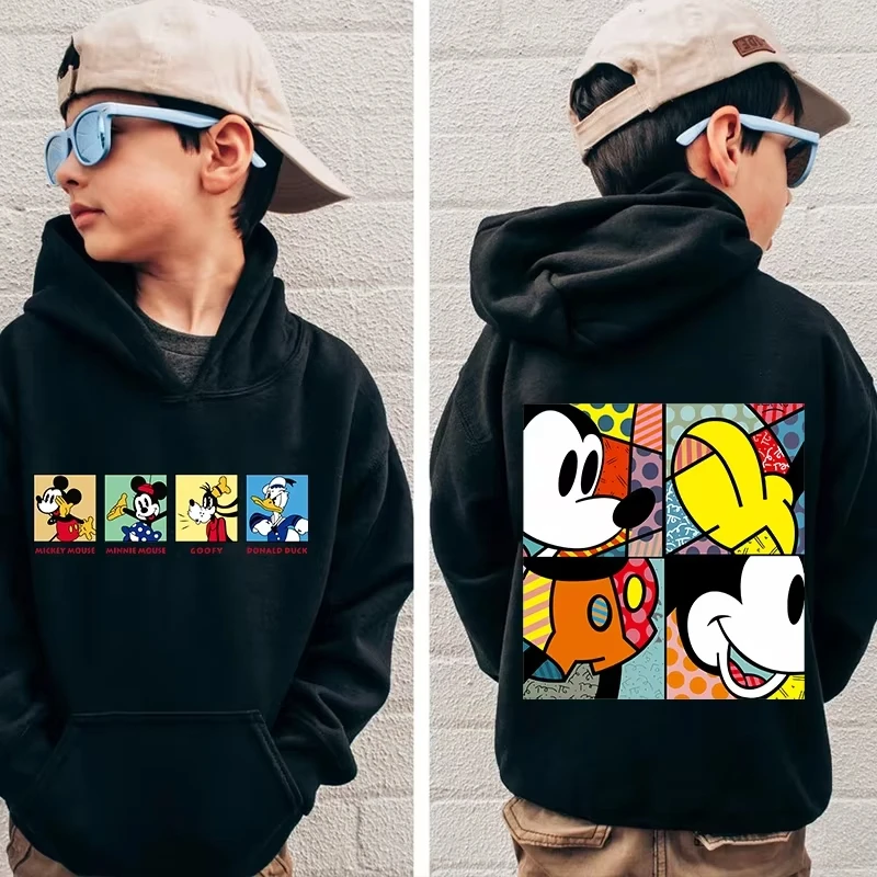 

Новинка 2025 года, хлопковые толстовки с принтом Микки Мауса Диснея для детей, осенне-зимний пуловер с длинными рукавами, одежда для мальчиков и девочек, повседневные топы
