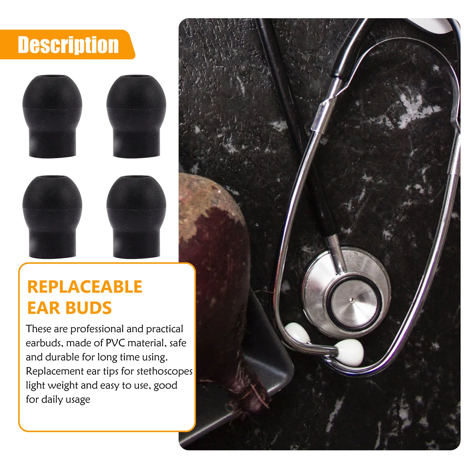4Pcs Stethoscope Ear Tips Replacement Earbud Parts Premium PVC Comfortable Sealing Spare Accessories Black Replacement