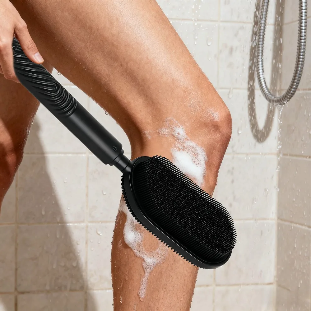 1 Stück verstellbarer Dusch-Rückenwäscher mit doppelseitigem Peeling und Massage – lange Badebürste, rutschfester Griff, für Rücken, Arme, Beine