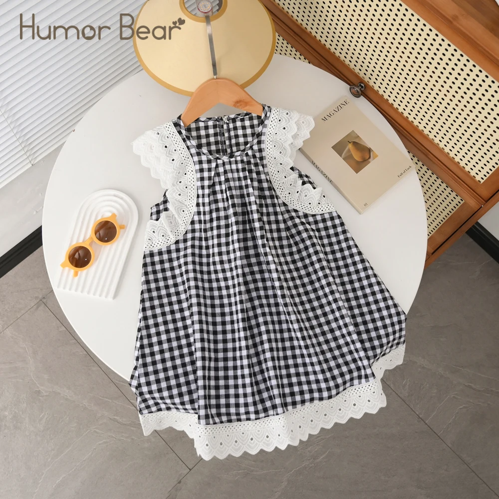 

Summer Girl's Dress Plaid Print Lace Fly Sleeve Lace Sweet And Lovely Princess Dress Comfort Children Clothing For 3-7Y