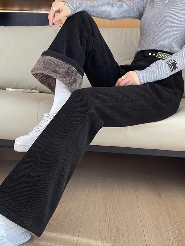 Winter Warm Plush Wide Leg Velvet Pants Elegant Chic High Waist New Women Trousers Casual Loose Thicken Straight Spodnie 2023