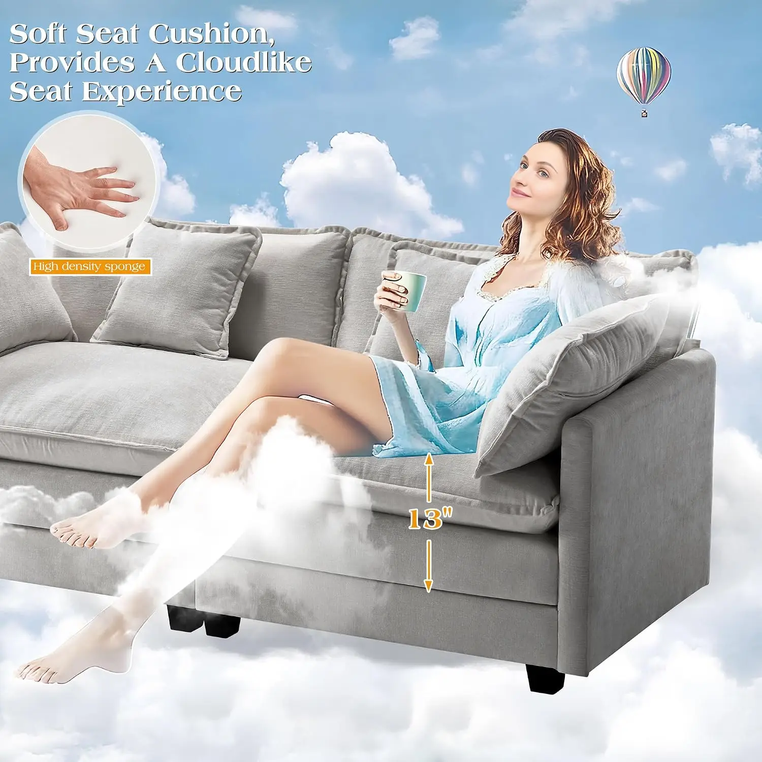 Modular Sectional Sofa Deep Seat Chenille Fabric with Throw Pillows & Movable Ottoman for Living Room, Customized