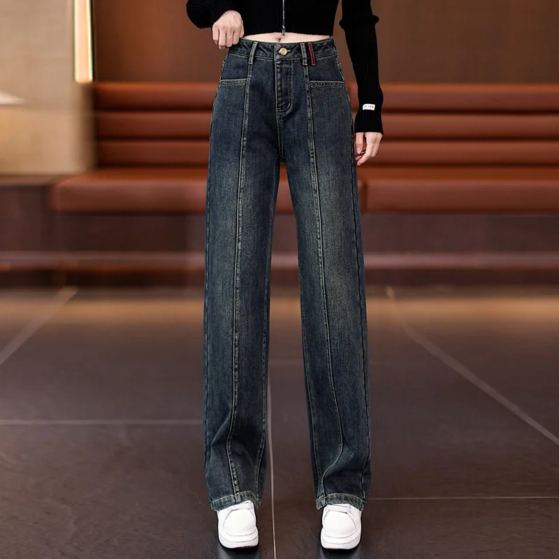 جينز نسائي خريفي عالي الجودة بنطال ذو قصة أرجل واسعة موضة متعددة الاستخدامات الأكثر مبيعًا سروال مستقيم عالي الخصر