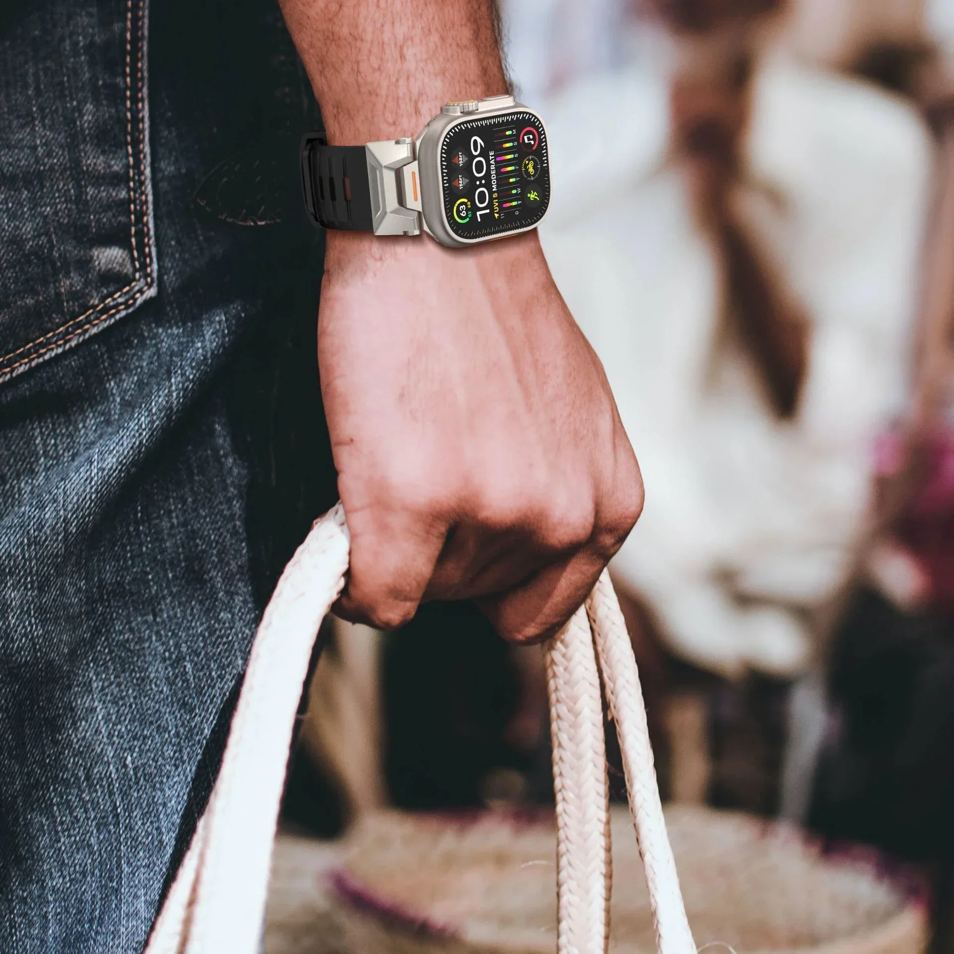 Apple Watch Band Ultra 2 용 불소 고무 스트랩 49mm 46mm 45mm 44mm 42mm 스테인레스 스틸 인터페이스 벨트 10 9 8 7 6 4 3 SE