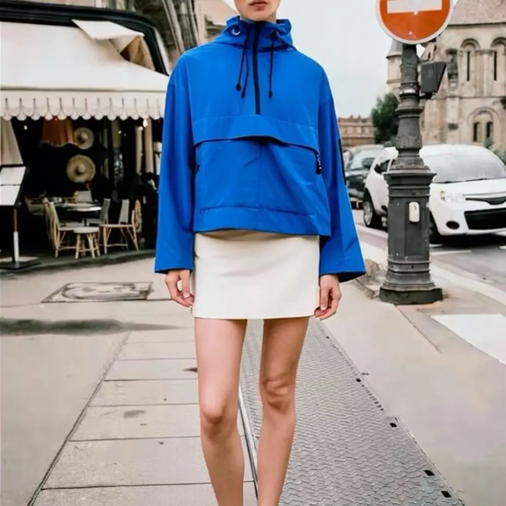 Women Summer Windbreaker Jacket Outdoor Waterproof Utility Coat Hooded Streetwear Casual Loose Long Sleeve Functional Pullover