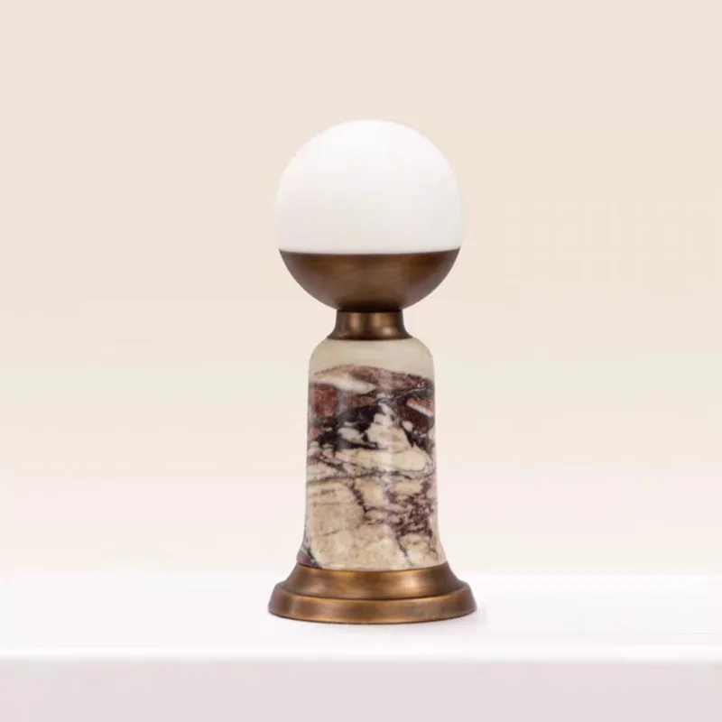 Modern Natural Marble Table Lamp with Opal Glass Globe Shade, Antique Brass Base Bedside Night Light for Bedroom Decor