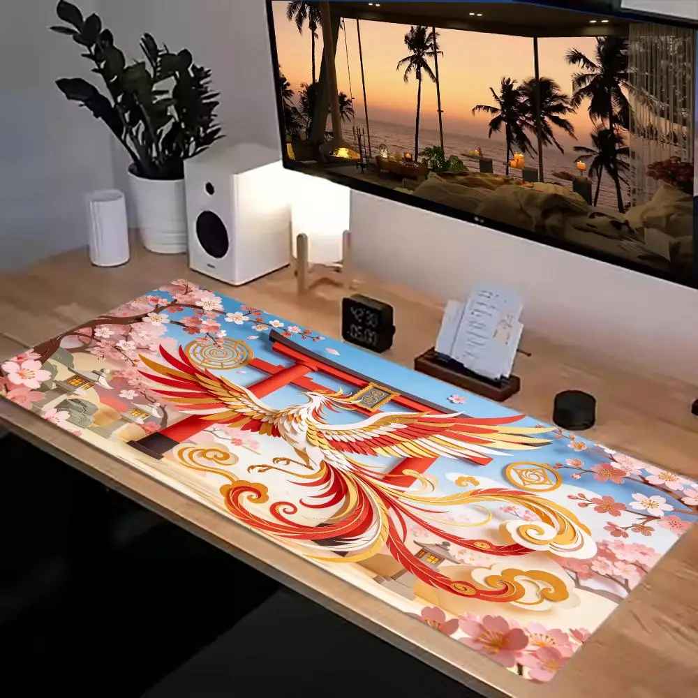 Phoenix Cherry Blossom Torii Gaming Mouse Pad Thick Rubber Smooth Cloth Large Size For Bedroom Study Decor