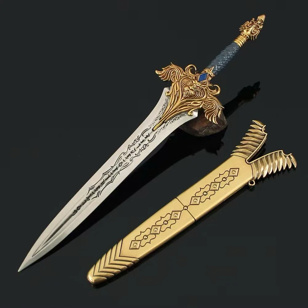 JX TOY 30 cm Warcraft1 Arma Llane Wrynn Spada con Guaina Replica in Metallo Oro Antico Collezione di Spada Samurai Ornamenti Coltello