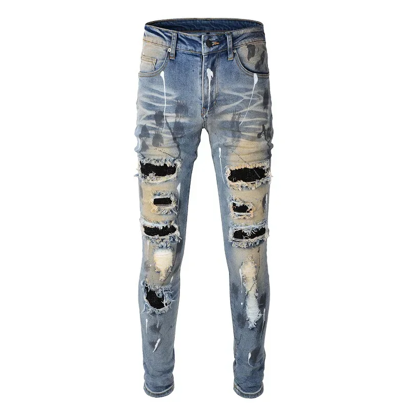 

European and American Men Fashion Ankle-Length Jeans, New Style Distressed Retro Hot Drill Splashed Ink Patchwork Slim Fit Jeans