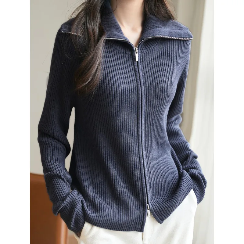 

Women's Zipper Lapel Sweater Jacket Autumn Winter Long Sleeve Stand-up Collar Female Knit Coat Cardigan Knitted Tops
