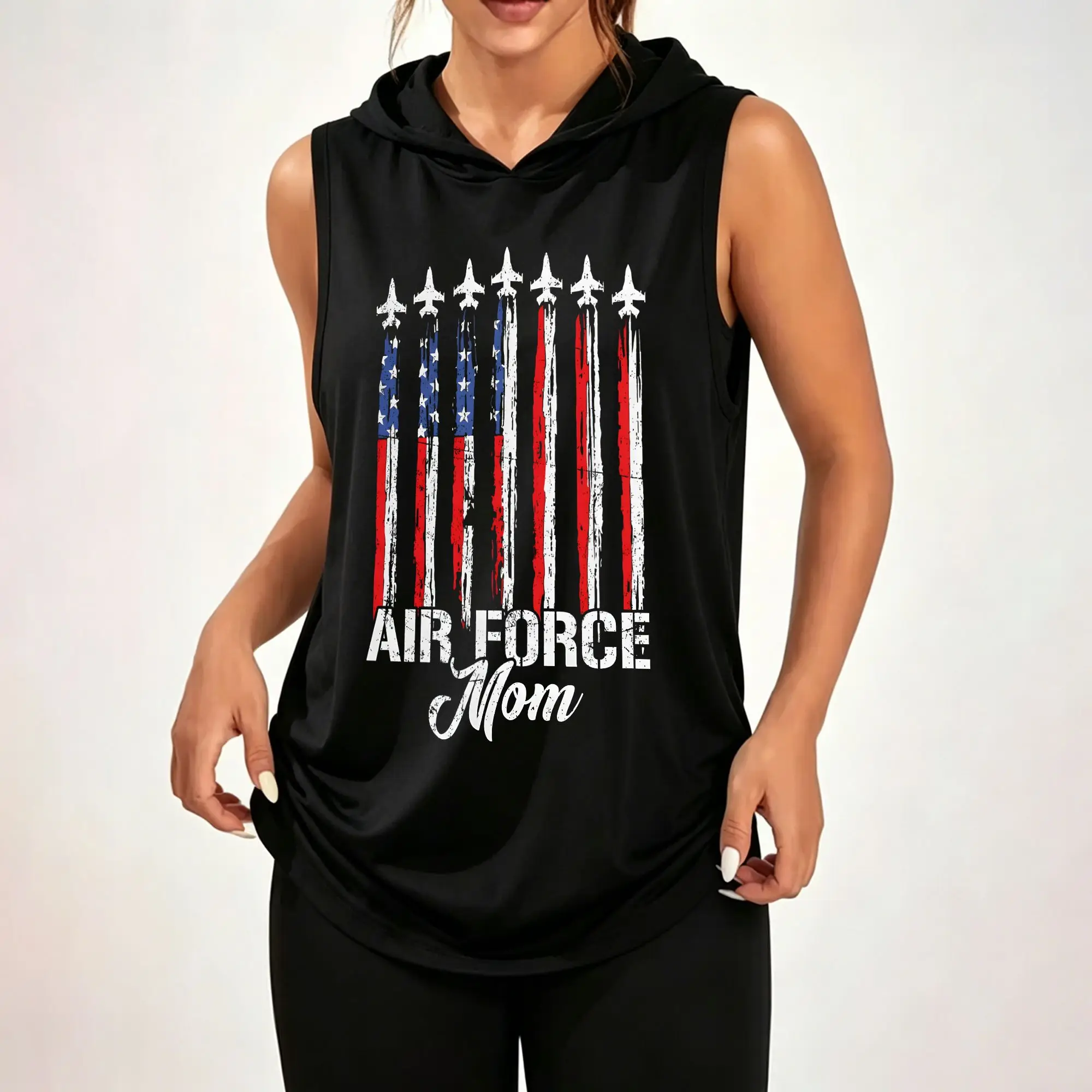 Women Sleeveless Hooded Tank Top Vintage American Flag Airplane Print 
