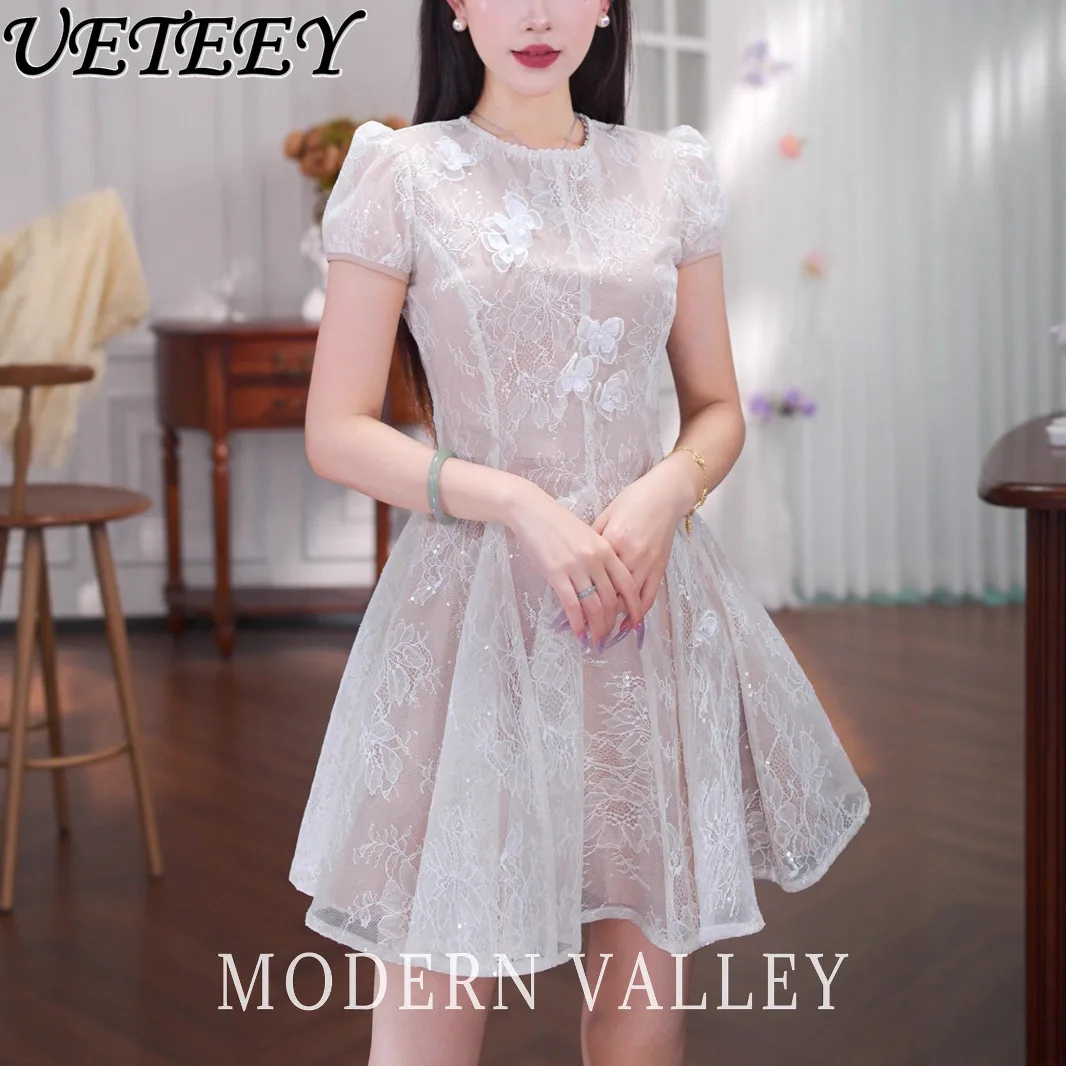 สไตล์ฝรั่งเศส Socialite Design ลูกไม้สามมิติผีเสื้อ Elegant ชุดเดรสสั้นเอวสูง SLIM FIT พัฟแขนสั้นชุด