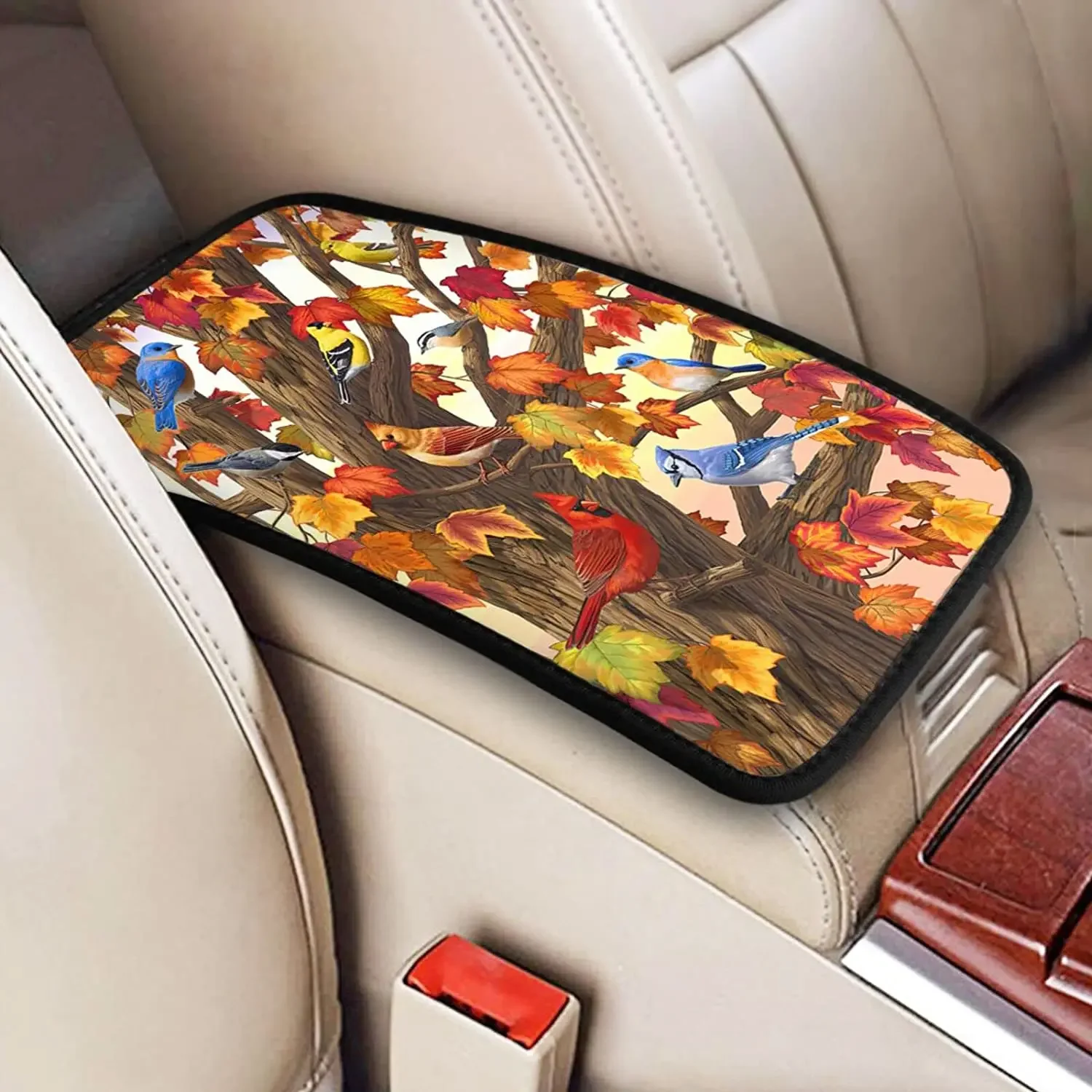 Auto Center Console Armrest Cover Pad, Fall Birds Autumn Maple Leaves Universal Fit Car Armrest Cover Cushion Mat for