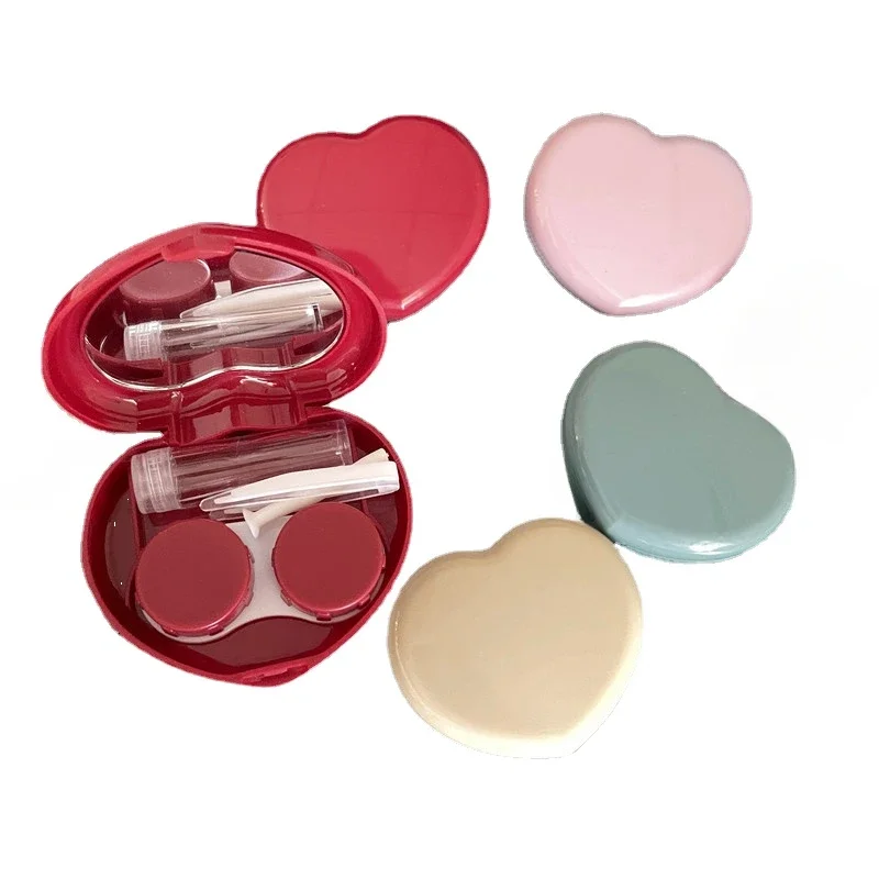 Heart Shape Contact Lens Case Mini Portable Travel Kit with Tweezers Mirror Suction Rod for Women Girl Lens Storage Accessories