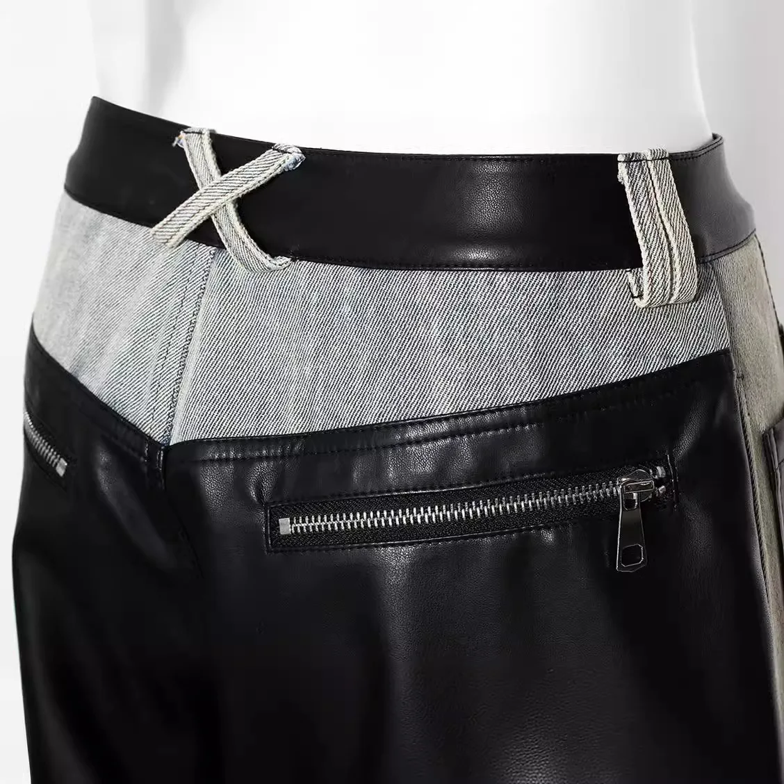 Jeans da donna a gamba dritta stile street vintage per la primavera, vestibilità ampia, in pelle lavata, impiombata a contrasto, gamba lunga di nicchia unica