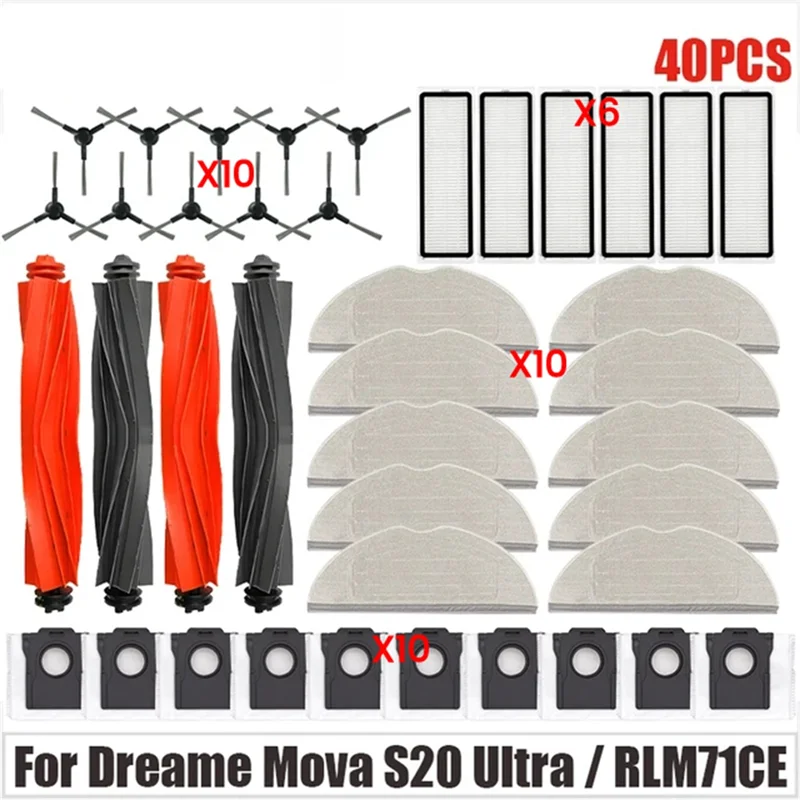 

B58B-40PCS Сменный комплект аксессуаров для Dreame Mova S20 Ultra/RLM71CE, щетки для пылесоса, подушечки для швабры, фильтры, мешки для пыли