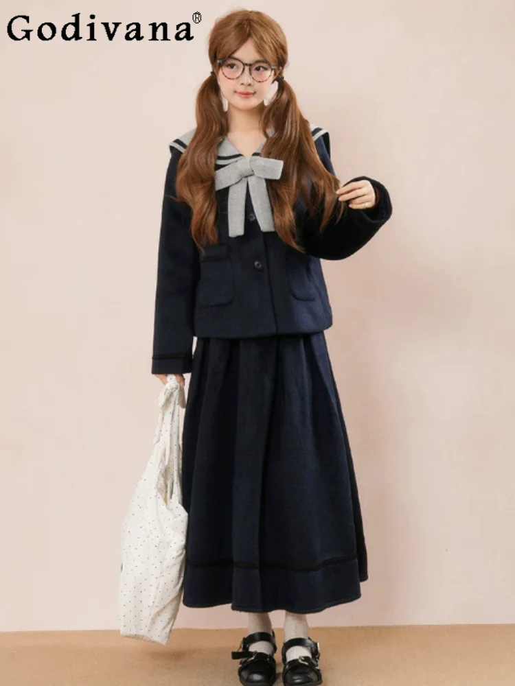Sweet Cute College Girl Spring Autumn 2026 Fashion Navy Blue Jk Skirt Versatile Age-reducing Long Sleeve Navy Collar Loose Top