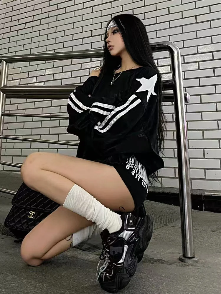 Spring and winter new American oblique shoulder long sleeve printed letter hoodie loose casual spice girls shirt T-shirt women