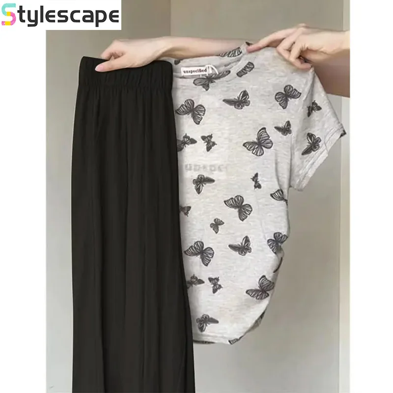 Pure Desire Style Bow Printed Short Sleeved T-shirt for Women's Summer Niche Short Top Loose Wide Leg Pants Two-piece Set