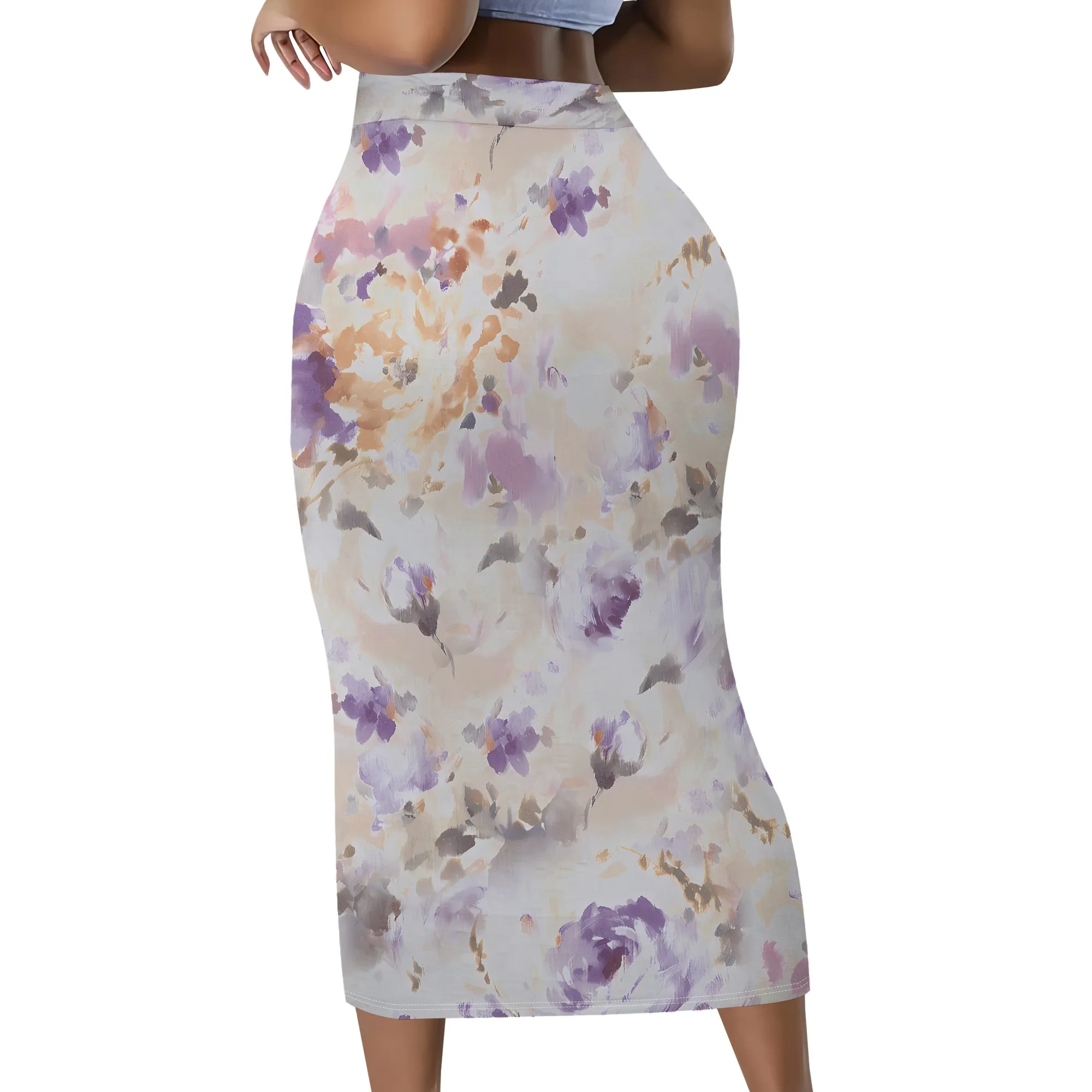 Blumenmuster Bleistiftrock, Aquarell-Print Midirock, Lila Blumen-Bodycon-Rock, Elastischer Bund Damen Bürokleidung, S-2XL – Detail 3