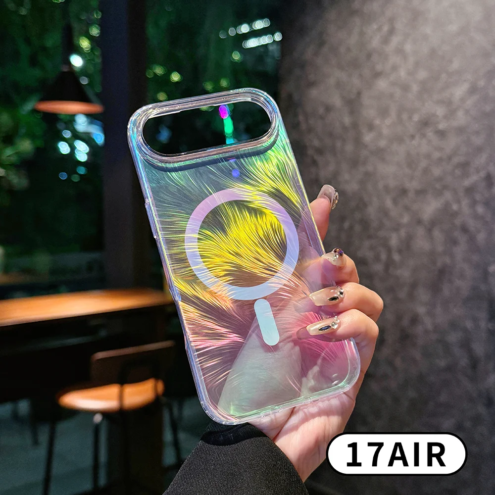 iPhone17 Pro Max/17 Air用Magsafe対応ケース、落下防止防水、オーロラグラデーションフェザー、マグネット式カラフルレーザーカバー