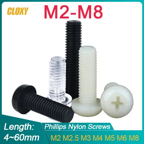 100/ 50/ 20szt M2 M2.5 M3 M4 M5 M6 M8 Gwint metryczny Czarny Biały Nylon Plastik Phillips Śruba krzyżakowa z łbem walcowym L= 4-60mm