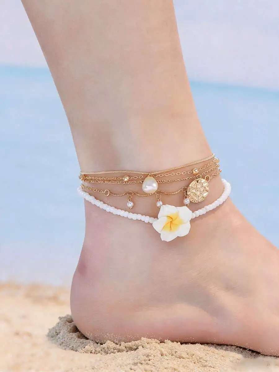 

Layered Beaded Flower And Pearl Anklet For Women, Beach Resort Foot Jewelry Accessory