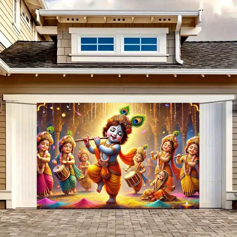 Latar belakang perayaan festival India yang cerah - poliester, menampilkan dewa tradisional India dan malaikat berwarna-warni