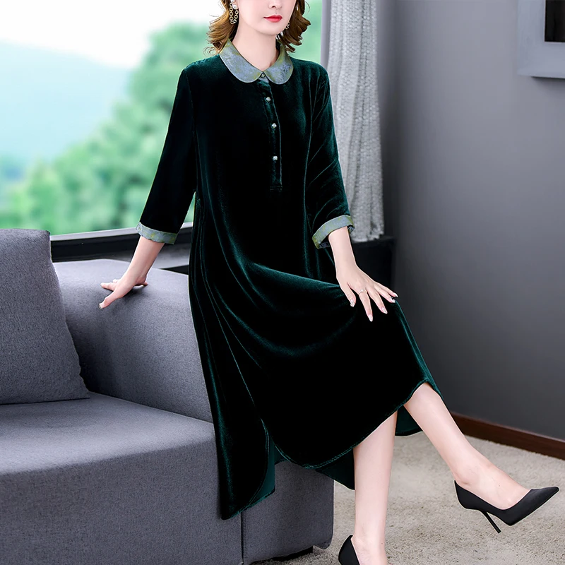 ZUOMAN Doll collar Half Sleeve Dress Women 2024 Autumn Velvet Dress Slimming Versatile Dress Design Sense Elegant Long Vestidos