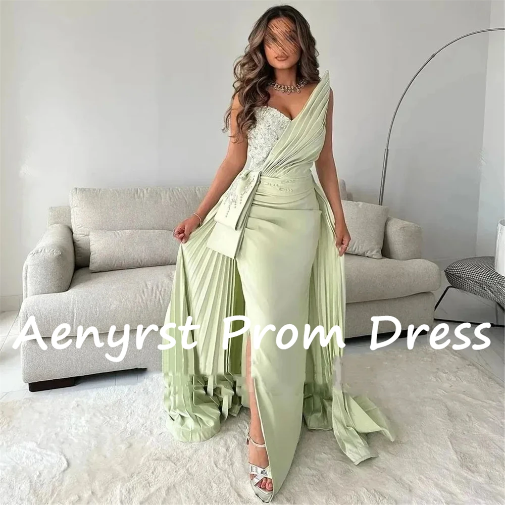 Aenyrst V Neck Pleated Satin Prom Dresses Mermaid Crystal Side Split Evening Gowns Floor Length Party Dress Long فساتين السهرة