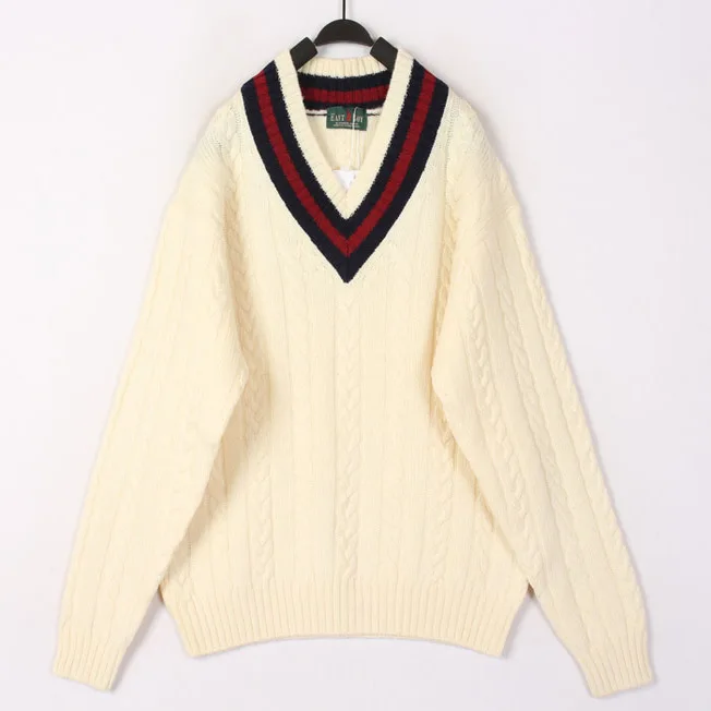 

Винтажный осенне-зимний белый вязаный шерстяной свитер с V-образным вырезом, длинными рукавами, теплый, свободного кроя, в стиле кардигана, с полосатым узором
