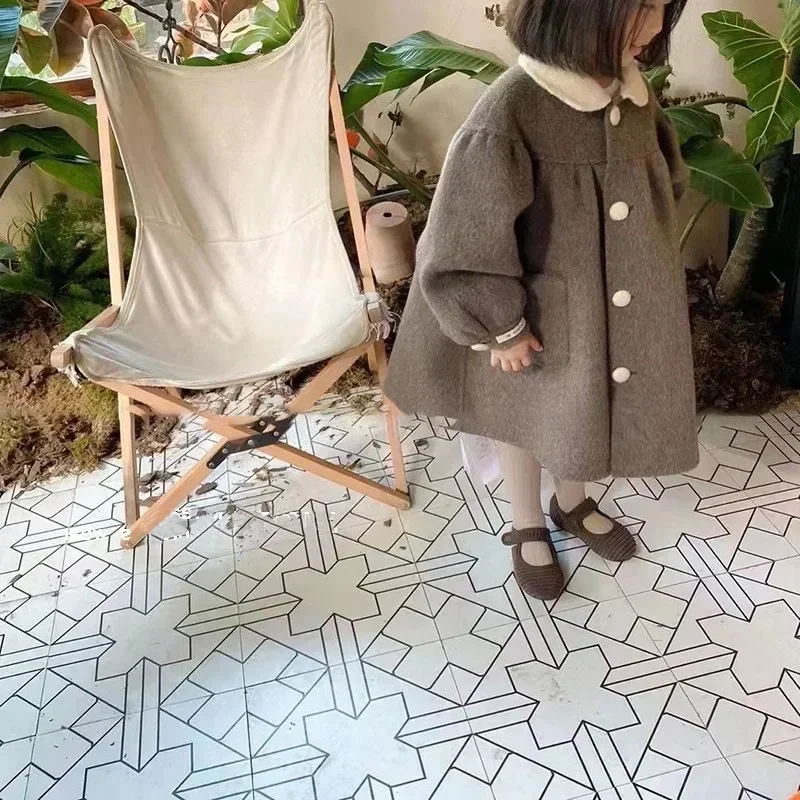 2025 Girls' Woolen Coat Winter Korean Doll Neck Mid Length Coat Fashionable Winter Clothes for Girls Jacket Outwears Outfits