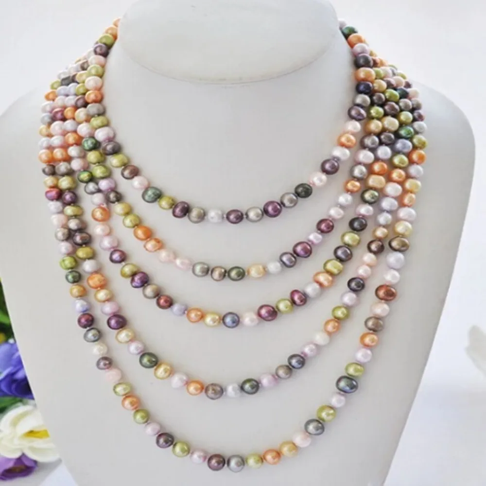 

Hand knotted necklace natural 8-9mm multicolor freshwater pearl sweater chain nearly round pearl 100inch