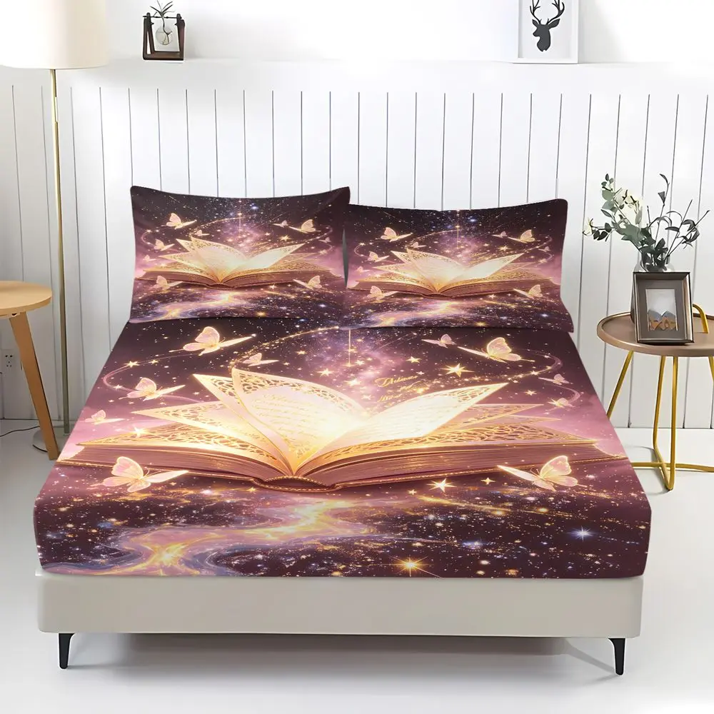 Book Butterfly Print Fitted Sheet Set Bed Sheet Set Fantasy Galaxy Bedding Set Soft Elastic Fabric for Bedroom Decor