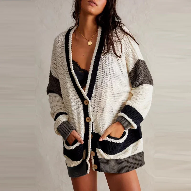 Winter Hollow Out Contrast Fashion Cardigan Sweater Knitwear Women Loose Long Sleeve High Street Outwear Patchwork Female Coat