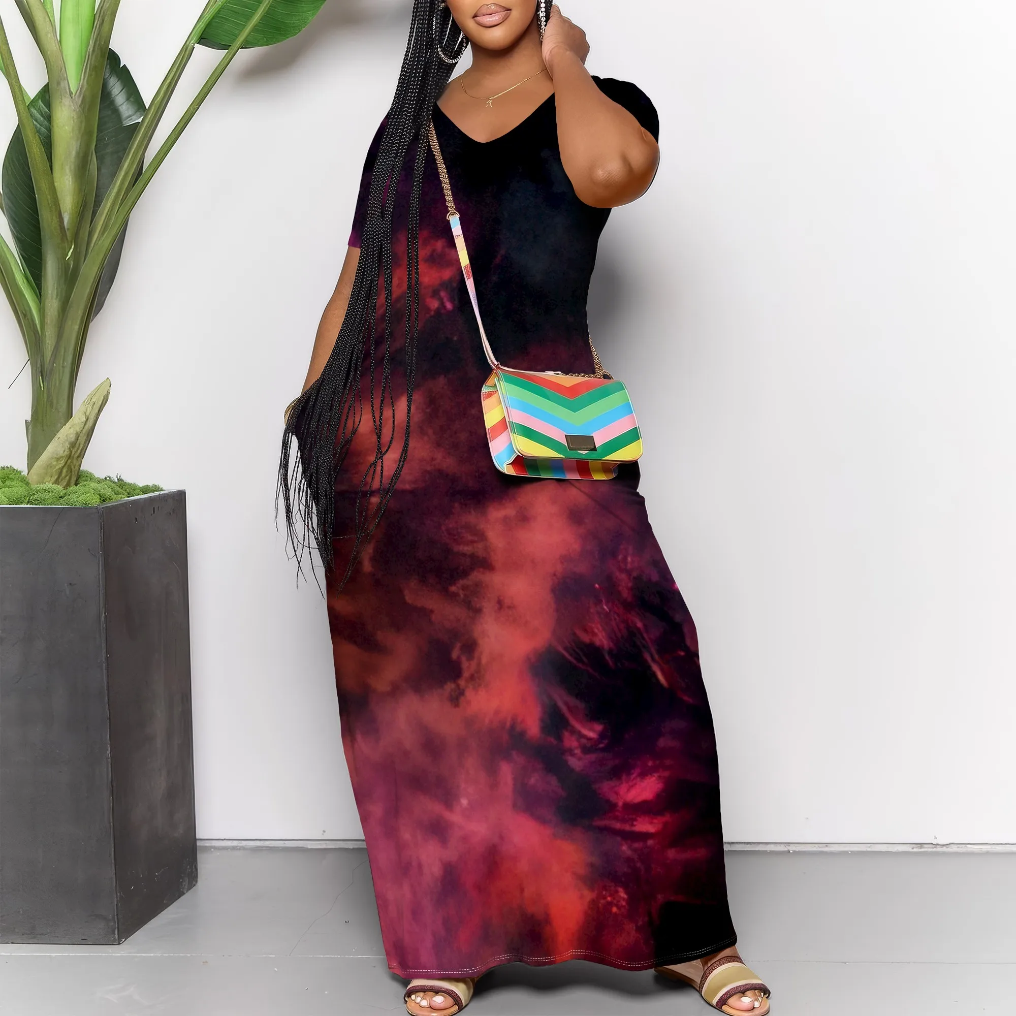 

Women's Blue Tropical Short-Sleeve V-Neck Loose Printed Maxi Dress Polyester Beach Summer Chic