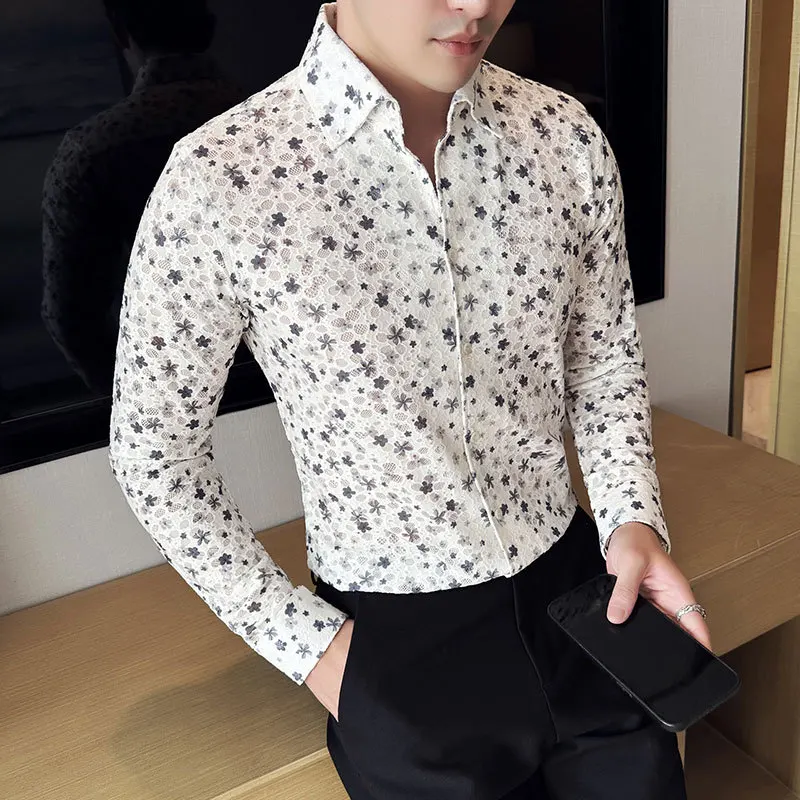 

New Men Clothing Autumn Jacquard V-neck Shirts Men Sexy Lace Casual Business Social Shirt Male Banquet Party Streetwear