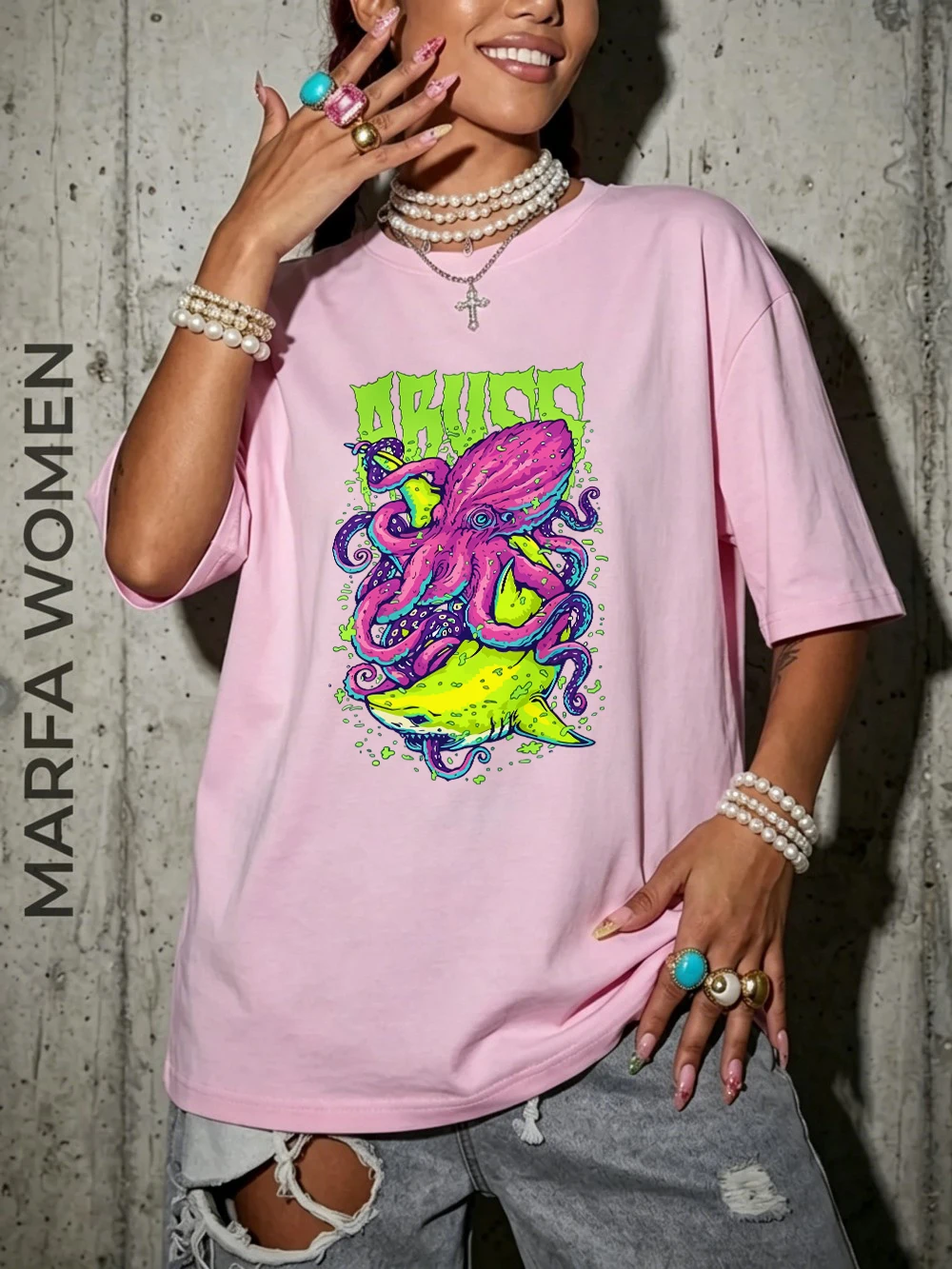 Abuzz Lila Tintenfisch Bedruckte T-Shirts Baumwolle Damen Sommer Kurzarm T-Shirts Weiche Basic Oversized Tops Lässige O-Neck Kleidung – Detail 15