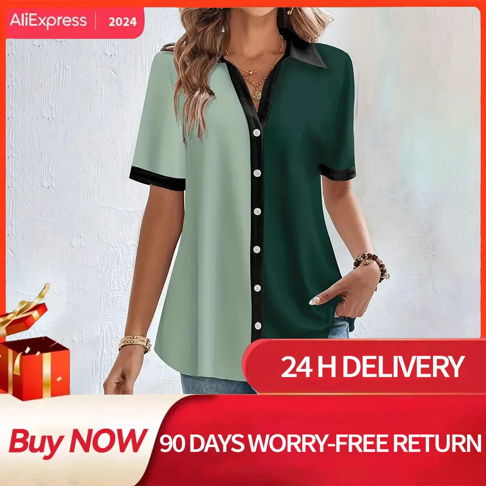 Mode Frau Hemden & Bluse Frühling und Herbst neue Kurzarm hemden elegante grüne Drucke Hemden Temperament Tops 5xl