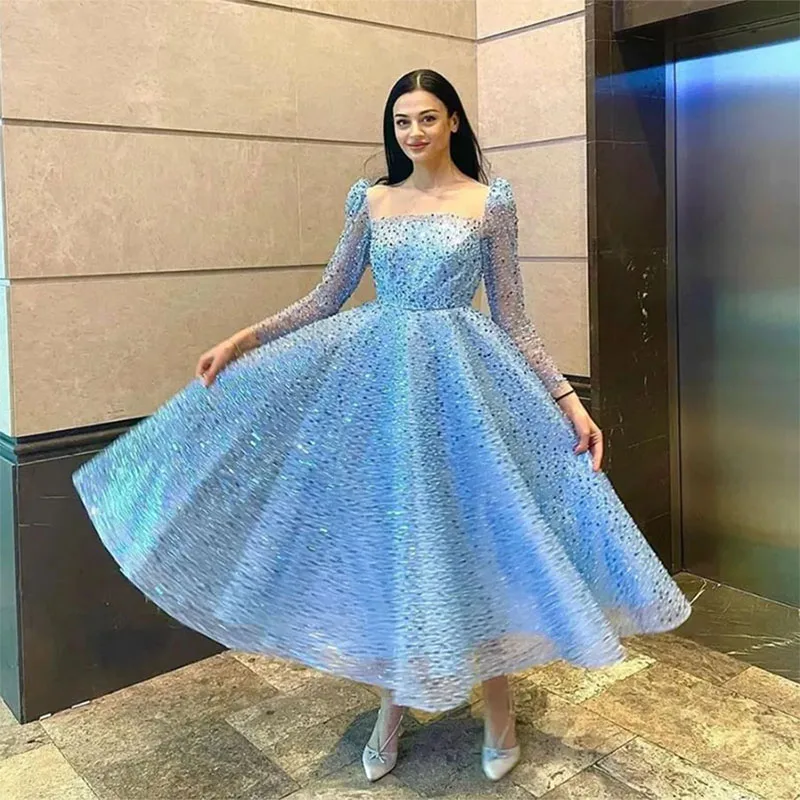 Ocean Blue A Line Evening Dresses Glitter Sequined Prom Gowns 3/4 Sleeves Ankle Length Party gowns Lace-Up Club Banquet Dress